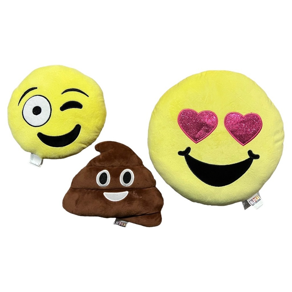 BMI Merchandise Set of 3 Emoji Pillow Yellow‎ Brown Wink Poop Heart Eyes Decor